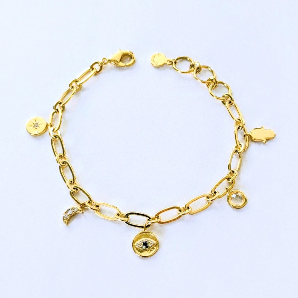 GORJANA 18k Yellow Gold Plated EVIL EYE Charm Dangle Bracelet 6-7.25"